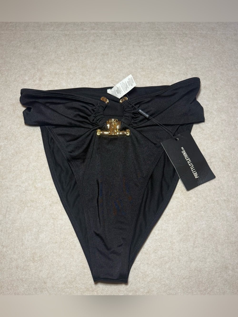 Pretty Little Thing Black Hammered Trim High Waist Bikini Bottom Size US 10 NWT